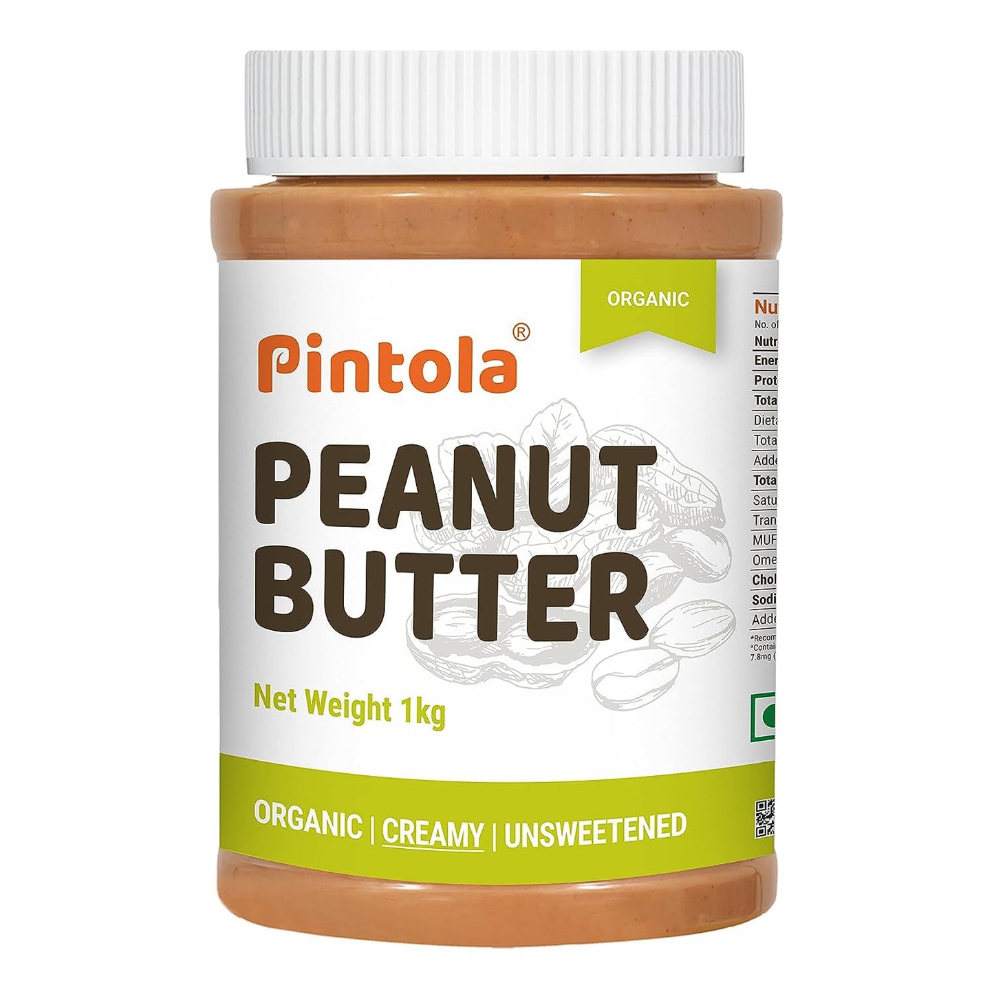 Pintola Organic Unsweetened Peanut Butter, Creamy 1kg - High Protein 30g, 9g Fiber, No Sugar, No Preservatives, Ideal for Weight Management