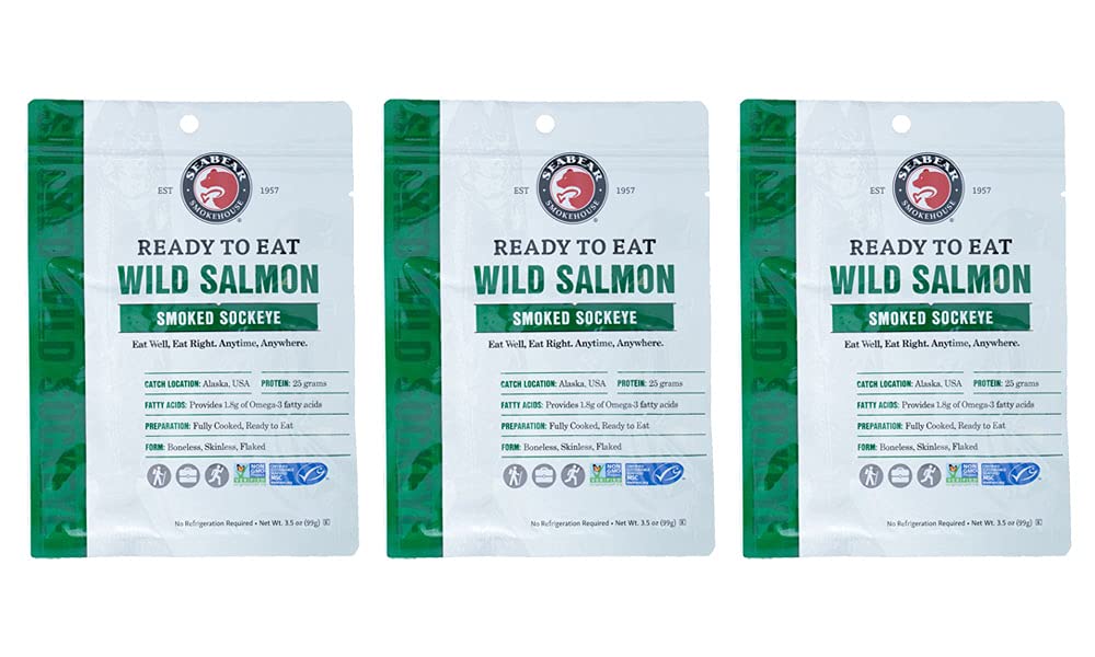 SeaBear Smoked Wild Sockeye Salmon, Ready to Eat, Shelf-Stable Gourmet Meal, 3.5 oz (Pack of 3)