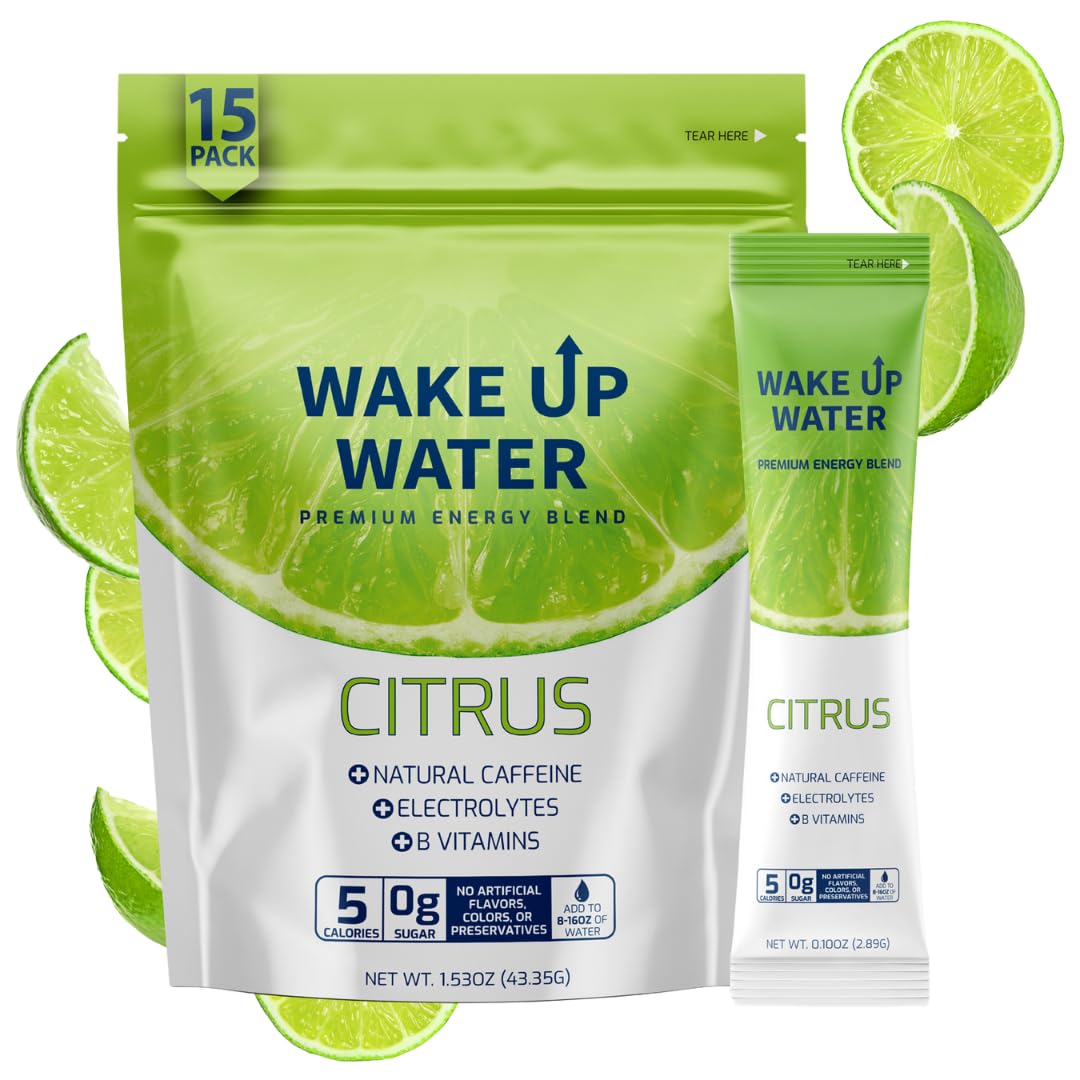 Wake Up Water Energy Drink Powder - Sugar Free, Citrus Flavor, Electrolytes, Natural Caffeine, 15 Packs, 5 Calories, Gluten Free