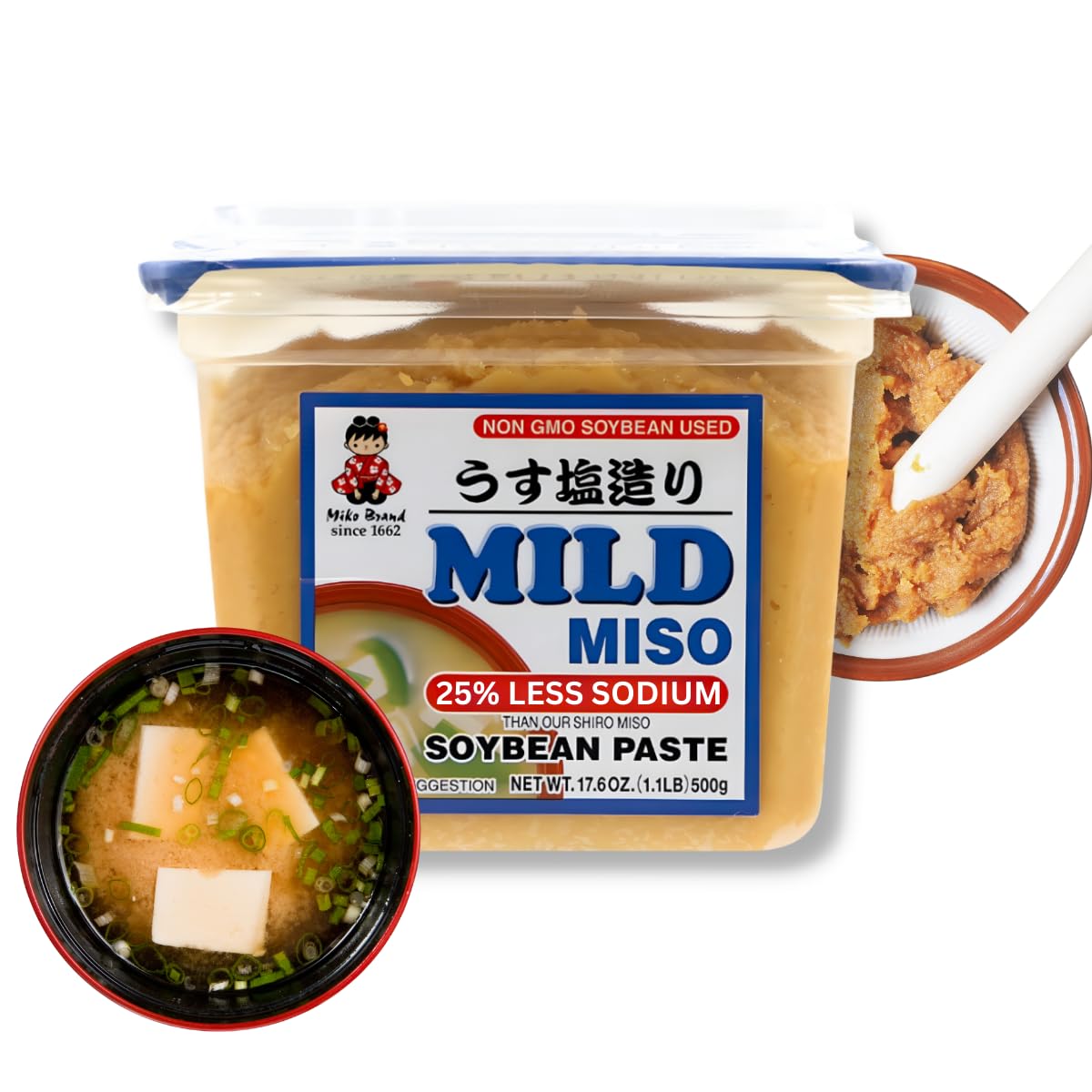 Miko Japanese White Miso  Shiro Miso Paste- 25% Low Sodium Miso Paste  All Natural Sweet Light Flavor  NON GMO 17.6oz Per Pack