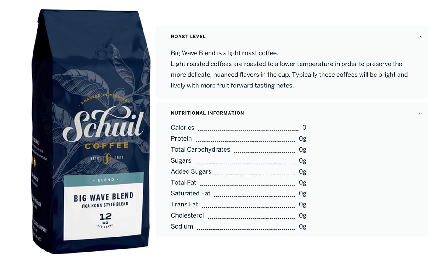 SCHUIL Big Wave Blend Whole Bean Coffee, Fair Trade, Light Roast, 12 Ounce Bag
