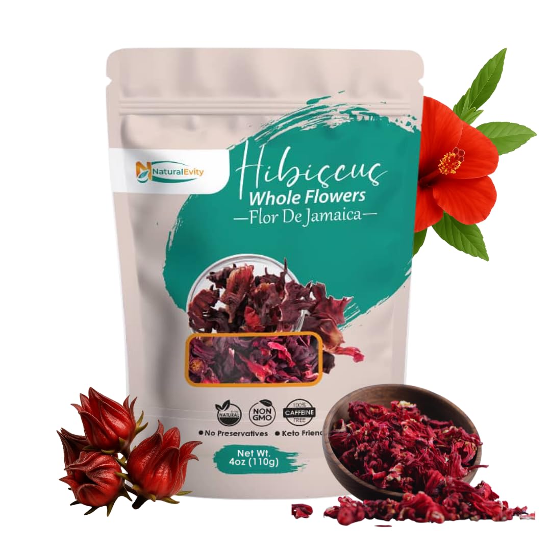 Whole Hibiscus Flowers (4 Oz) (Flor De Jamaica) - Loose Leaf Hibiscus Petals For Tea  Agua De Jamaica & Infusions Herbal Tea - Energy Blend-Free & Non-Gmo - Naturalevity - Ayurveda Inspired