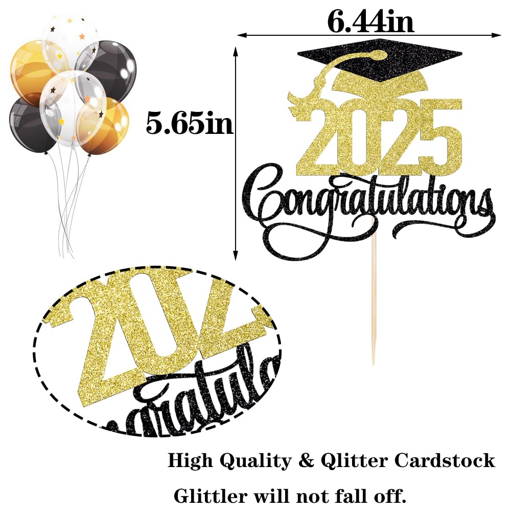 Florcmet Graduation Cake Topper, Black Gold Glitter, 5.1 x 6.5 inches, 2025 High School/College/Senior Decor