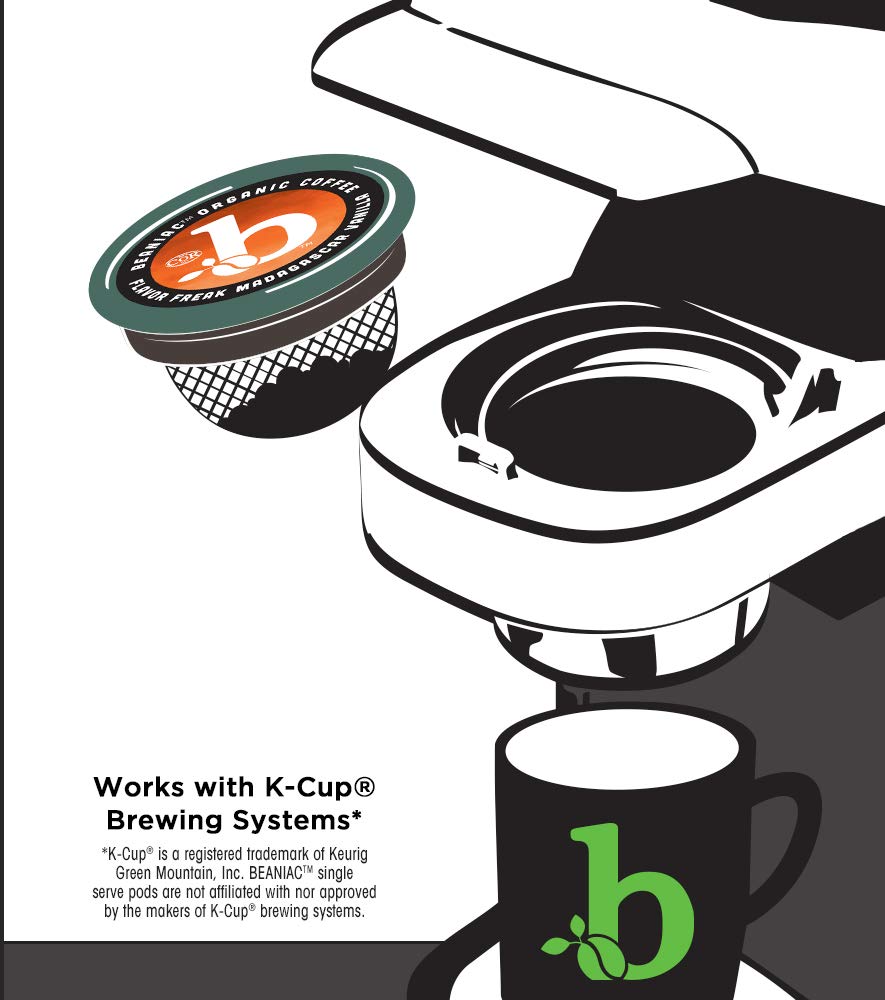 Beaniac Flavor Freak Madagascar Vanilla, Flavored Light Roast, Single Serve Compostable K Cup Coffee Pods, Organic Arabica Coffe
