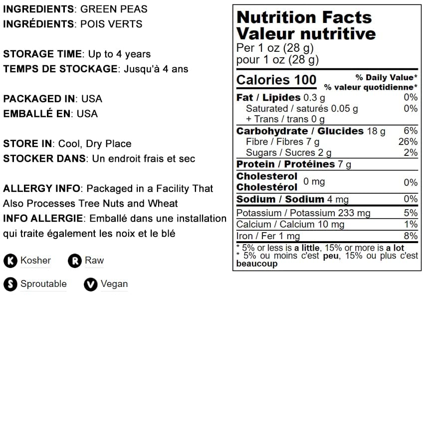 Whole Dried Green Peas, 8 Ounces - Green Vatana, Sproutable, Vegan, Kosher, Bulk. Pre-Soak Needed. Rich In Protein, Fiber, Potas