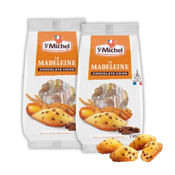 St Michel Chocolate Chip Madeleines French Sponge Cakes Made In France, Pack Of 2 (250G Each) Non-Gmo. Total Of 20 Individually Wrapped All Butter Traditional Madeleines Sponge Cakes