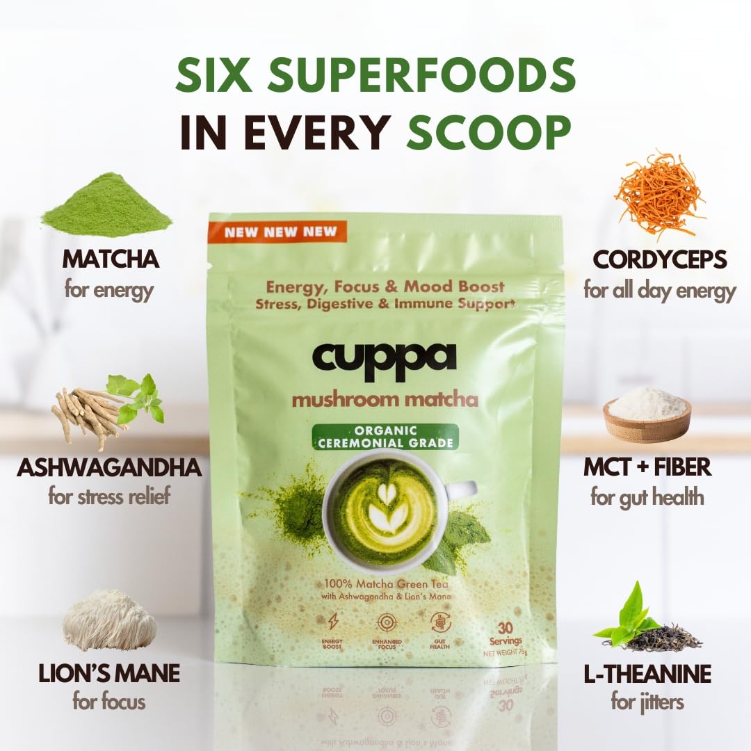 Cuppa Healthy Mushroom Matcha - Energy & Focus Drink with Lion's Mane & Ashwagandha, 30 Servings, Nootropics for Brain & Gut Health
