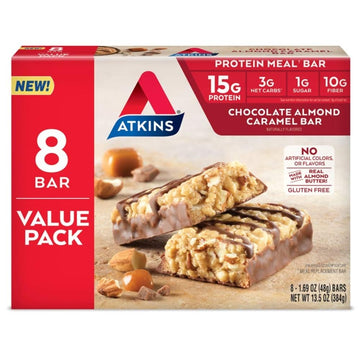 Atkins Chocolate Almond Caramel Protein Meal Bar, High Fiber, 15G Protein, 1G Sugar, 3G Net Carbs, Meal Replacement, Keto Friend