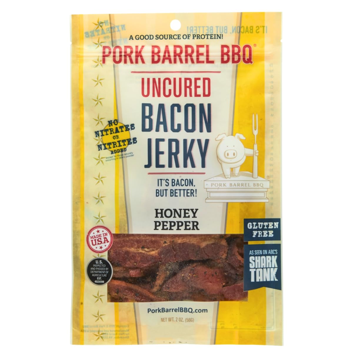 Pork Barrel BBQ Honey Pepper Bacon Jerky - Uncured, Gluten Free, 2 oz