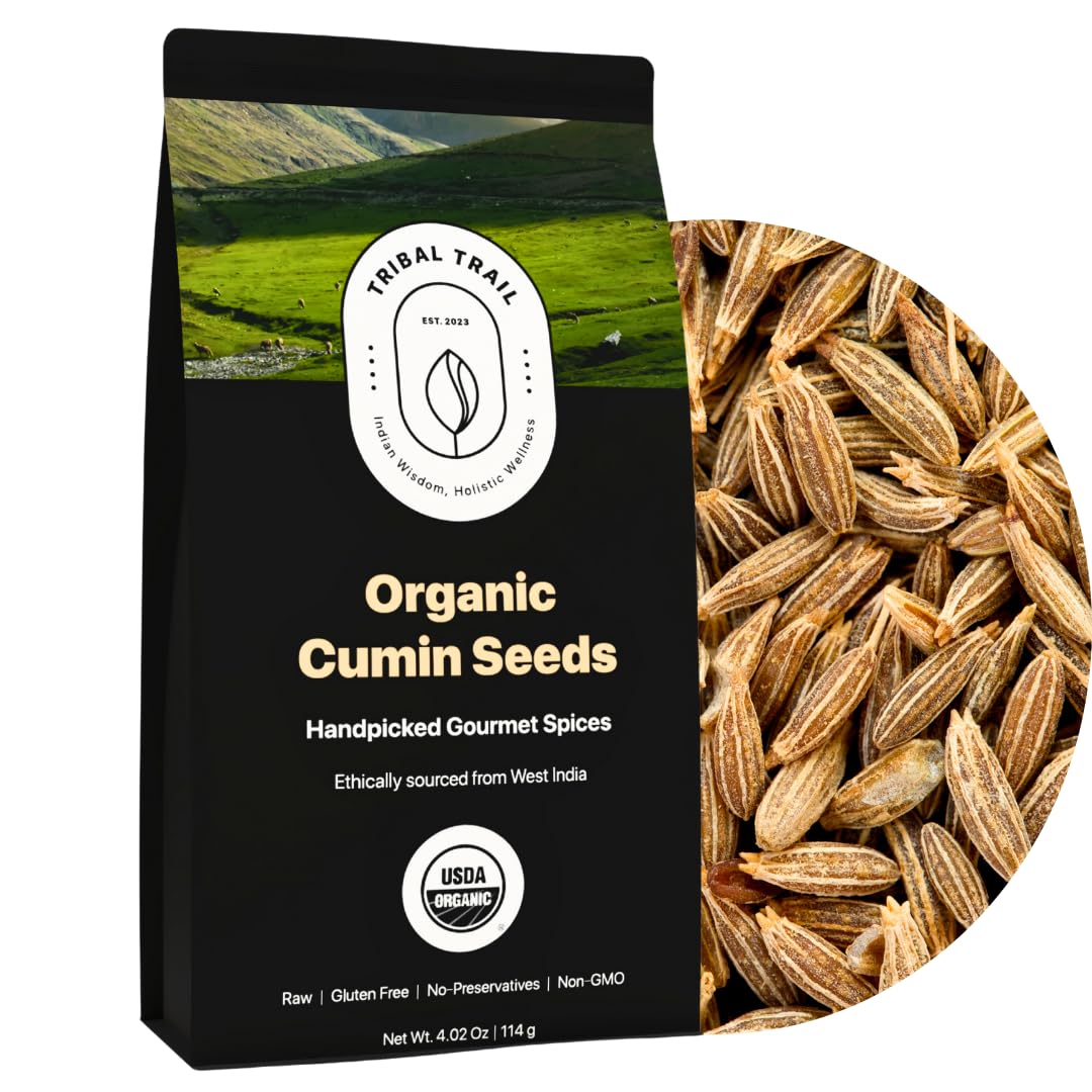 Tribal Trail Cumin Seeds Whole Organic | 4.02 oz | USDA Organic & Non-GMO | Indian Origin | Recyclable Kraft Bags | Best for Coo