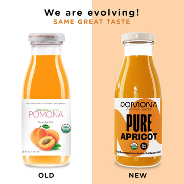 Pomona Organic Apricot Juice, Cold Pressed Usda Organic Juices, 100% Apricots, No Added Sugar, Not From Concentrate, Vegan, Kosher, Non Gmo, Pasteurized, 8.4 Oz Glass Bottles (Pack Of 12)(Packaging May Vary)