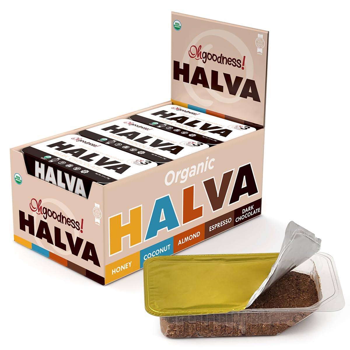 Wellbees Organic Honey Halva Snack - Honey & Dark Chocolate - 75g Each - Case of 12 - Paleo Approved
