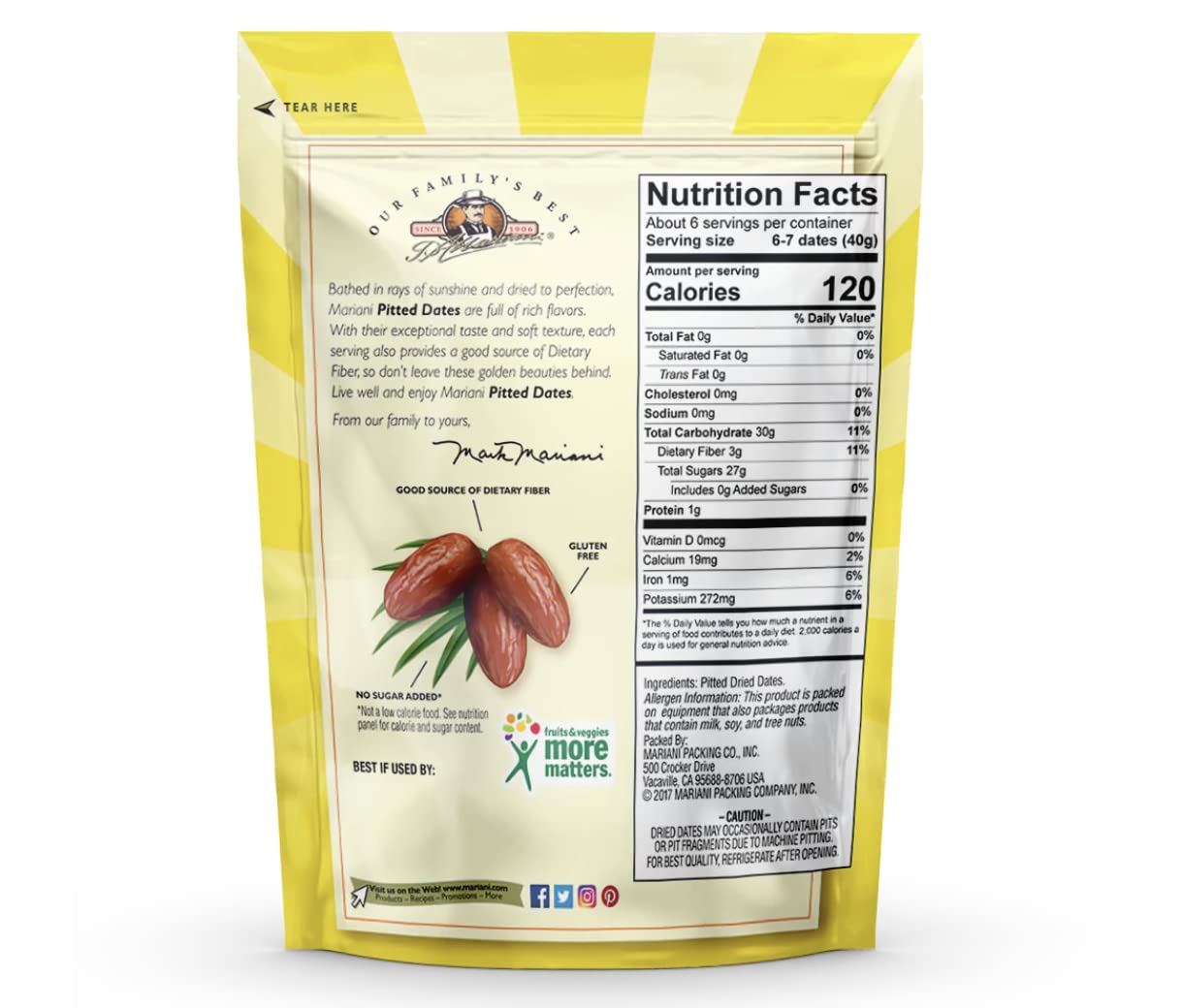 Mariani Pitted Dates, 32 Oz - Resealable Bag, High Fiber, No Sugar Added