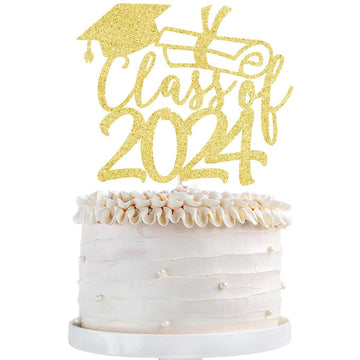 Qertesl Gold Class Of 2024 Congrats Grad Cake Topper Glitter Graduation Party Supplies - High School College Graduates -College