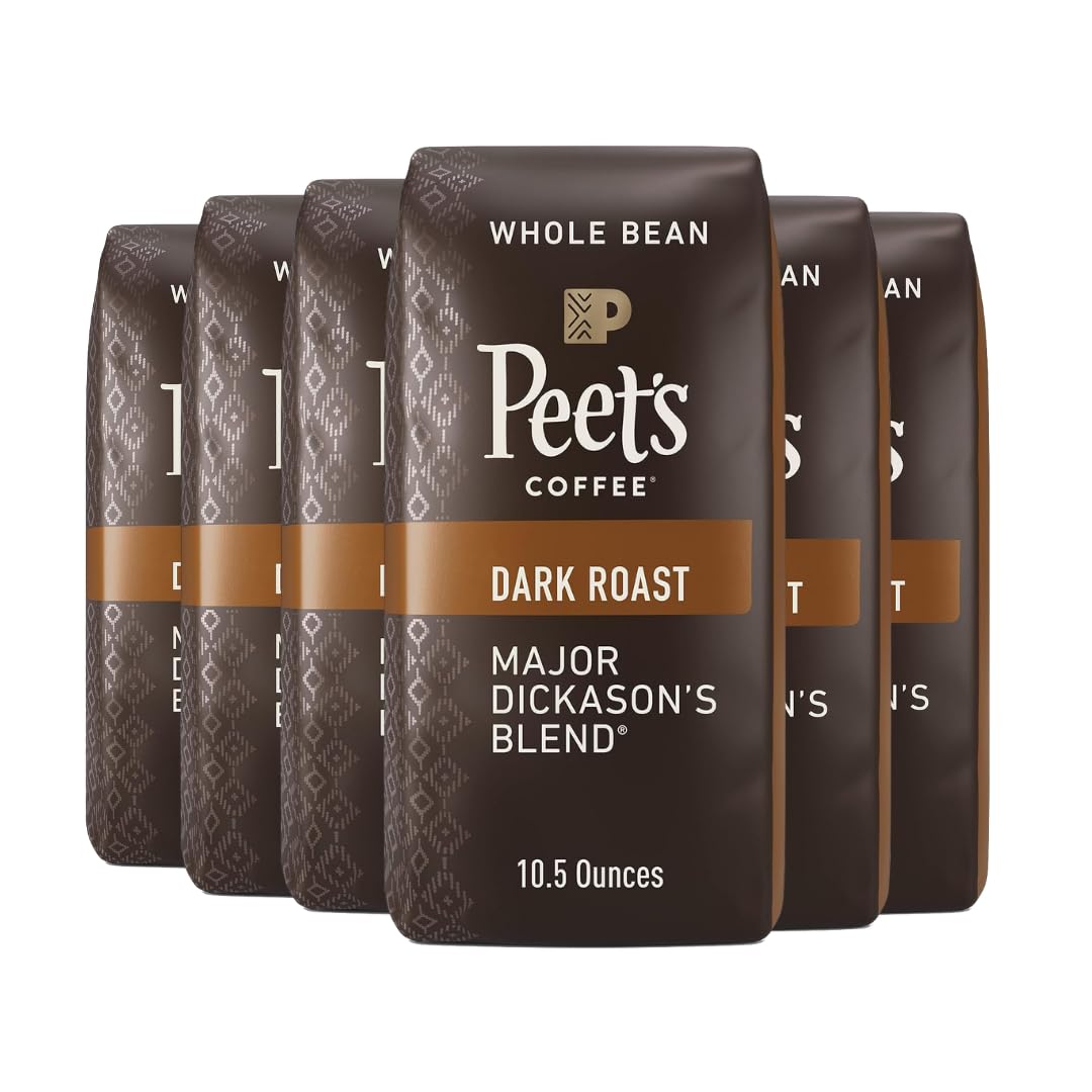 Peets Coffee, Dark Roast Whole Bean Coffee - Major Dickasons Blend 63 Ounces (6 Bags of 10.5 Ounces)