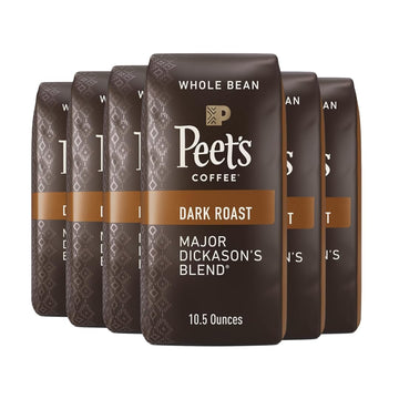 Peets Coffee, Dark Roast Whole Bean Coffee - Major Dickasons Blend 63 Ounces (6 Bags of 10.5 Ounces)