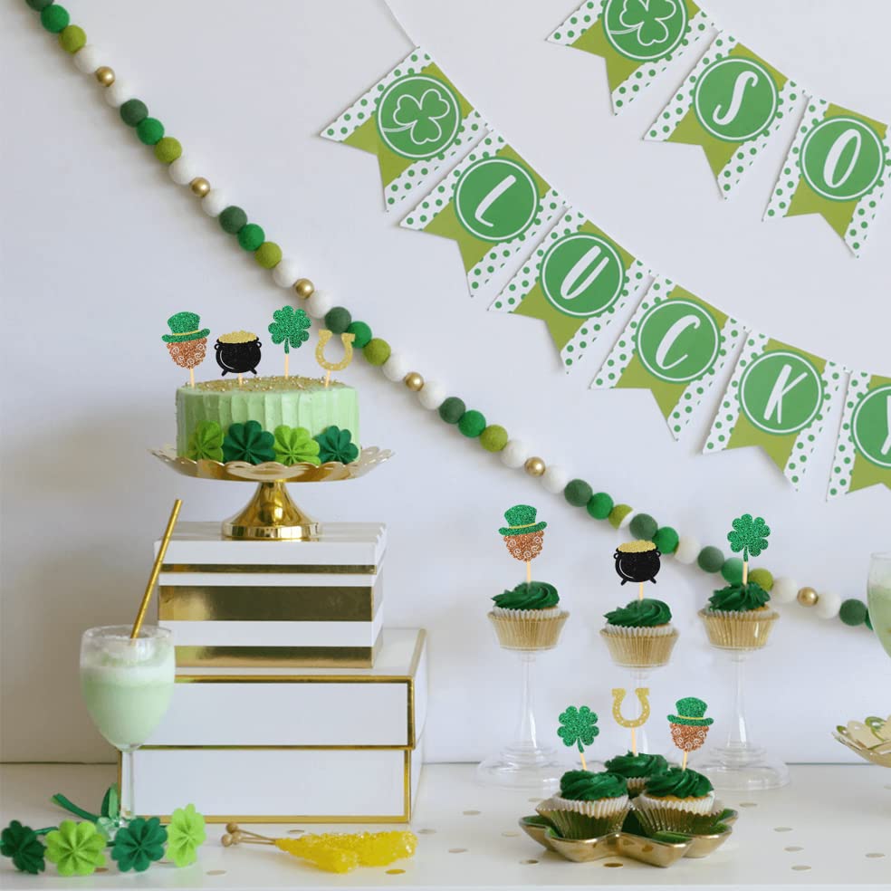 Moitkptt St Patricks Day Cupcake Toppers, 24 Pcs Four Leaf Clover & Leprechaun Hat Mix A