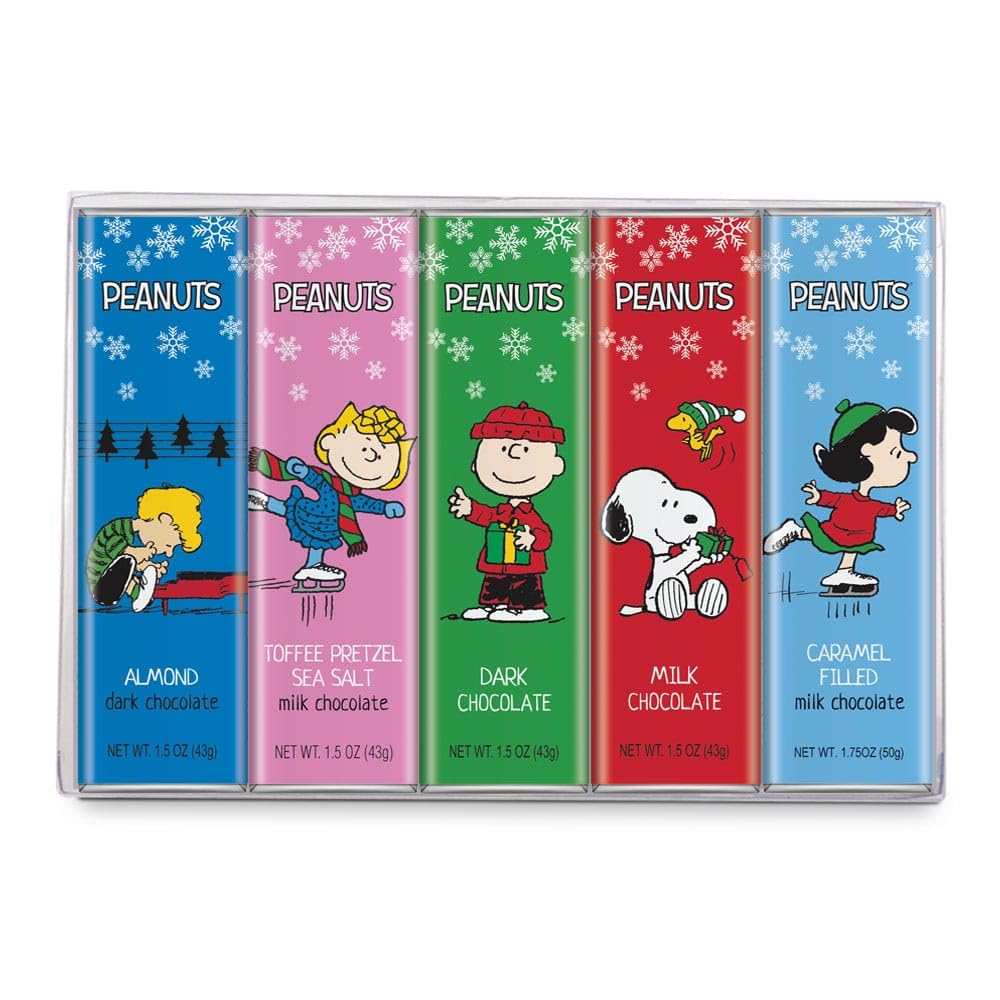 Peanuts Christmas Chocolate Winter Variety Gift Pack, Snoopy Gourmet Bar Snack Set, Charlie Brown Gifts For Kids, 1.5Oz 5-Bar Rich Belgian Chocolate Holiday Box Set, Kosher Candy,