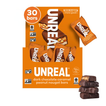 Unreal Dark Chocolate Peanut Caramel Nougat Bars (30 Mini Bars) | 70% Organic Ingredients, Fair Trade, Non-Gmo | No Corn Syrup,