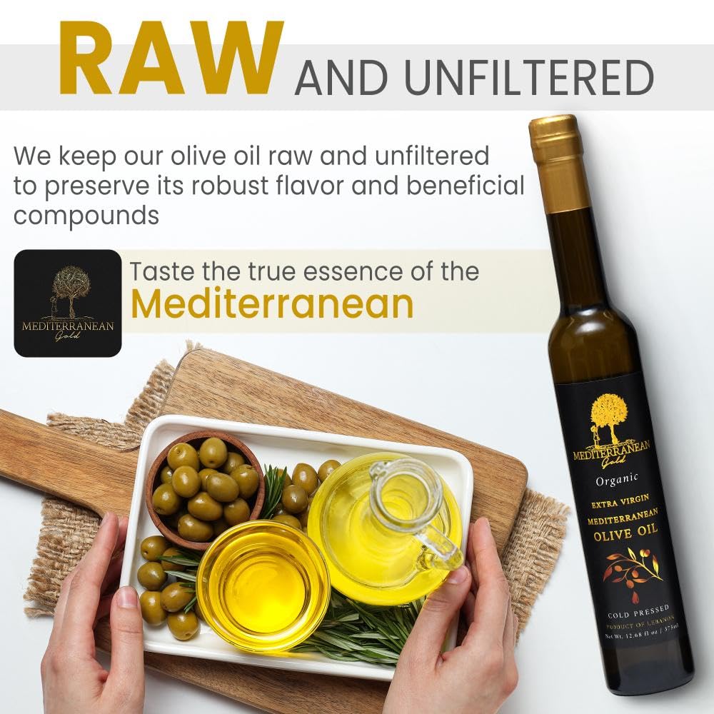 Mediterranean Gold Organic Olive Oil Extra Virgin - First 100% Nature-Made Cold Pressed, Unfiltered & Hand-Harvested, Ensure Hig
