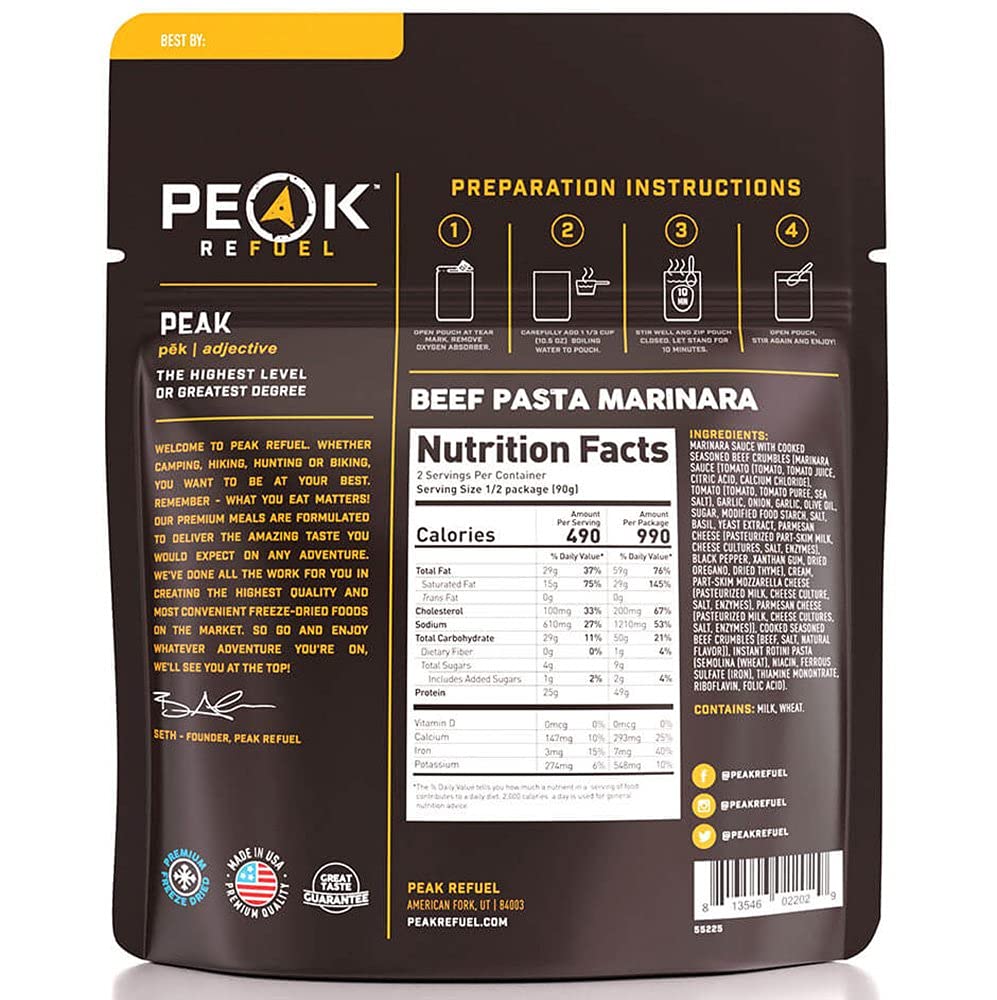 Peak Refuel Beef Pasta Marinara | 49G Protein | 1040 Calories | 100% Real Meat | Enhanced Freeze Dried Backpacking & Camping Food | 2 Servings | Ideal Mre Survival Meal (2 Serving Pouch)