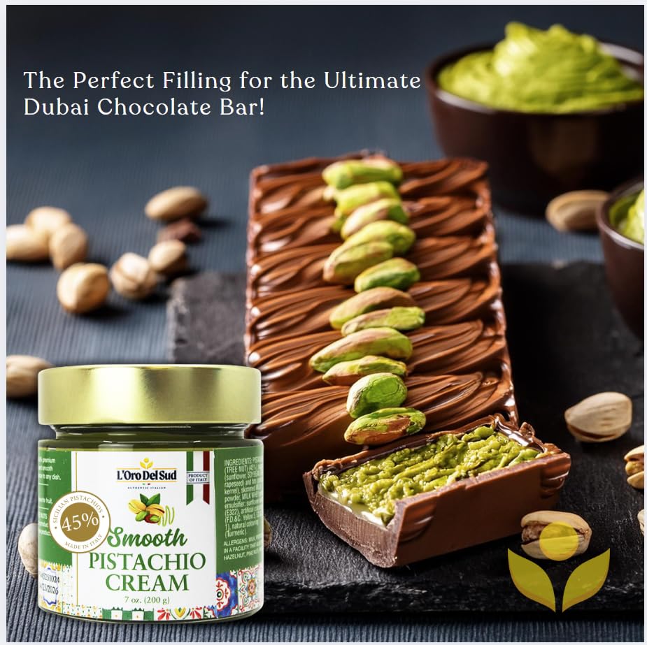 Pistachio Cream  enhanced 45%  Smooth Sicilian Pistachio Spread  7 oz (200g)  Contains 45% Pistachio nuts  Sweet Pistachio Butter  Product of Italy  LOro Del Sud