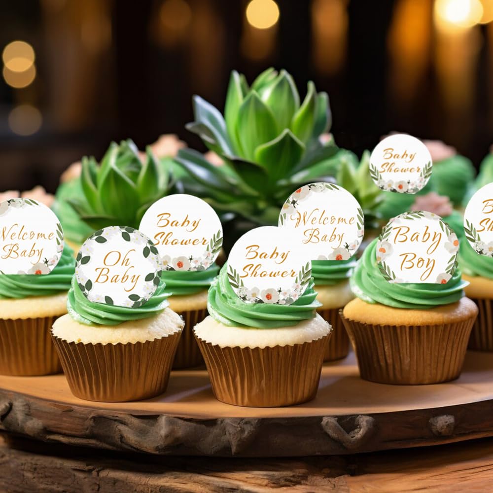Fyeoxle 48 Pack Edible Baby Shower Cupcake Toppers Wafer Paper Jungle Leaves Oh Baby Wecome Baby Cupcake Picks Greenery Frames B