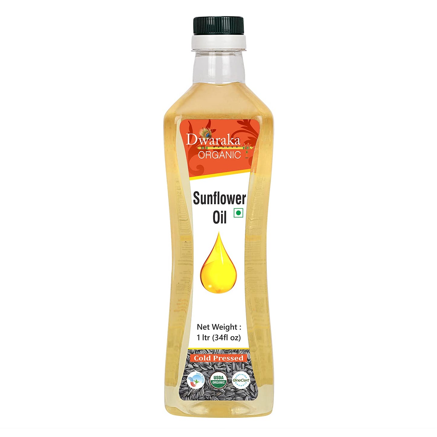 DWARAKA Organic Cold Pressed Sunflower Oil, Non-GMO, 1L (33.8 Fl Oz), All Natural