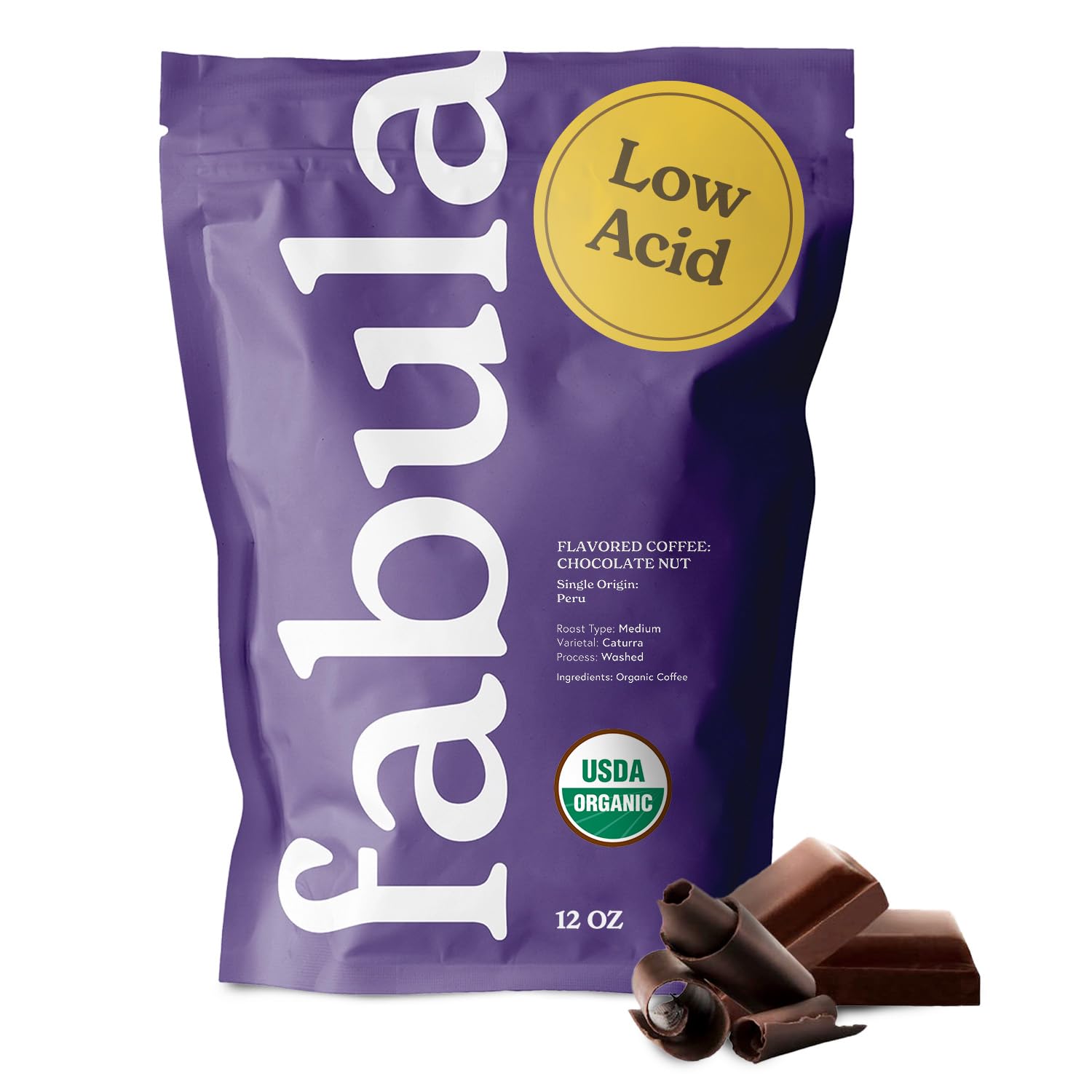 Fabula Chocolate Nut Flavored Organic Coffee Freshly Ground - Organic - Low Acid - Single Origin - Non-GMO - Mold Free - 12 Ounc