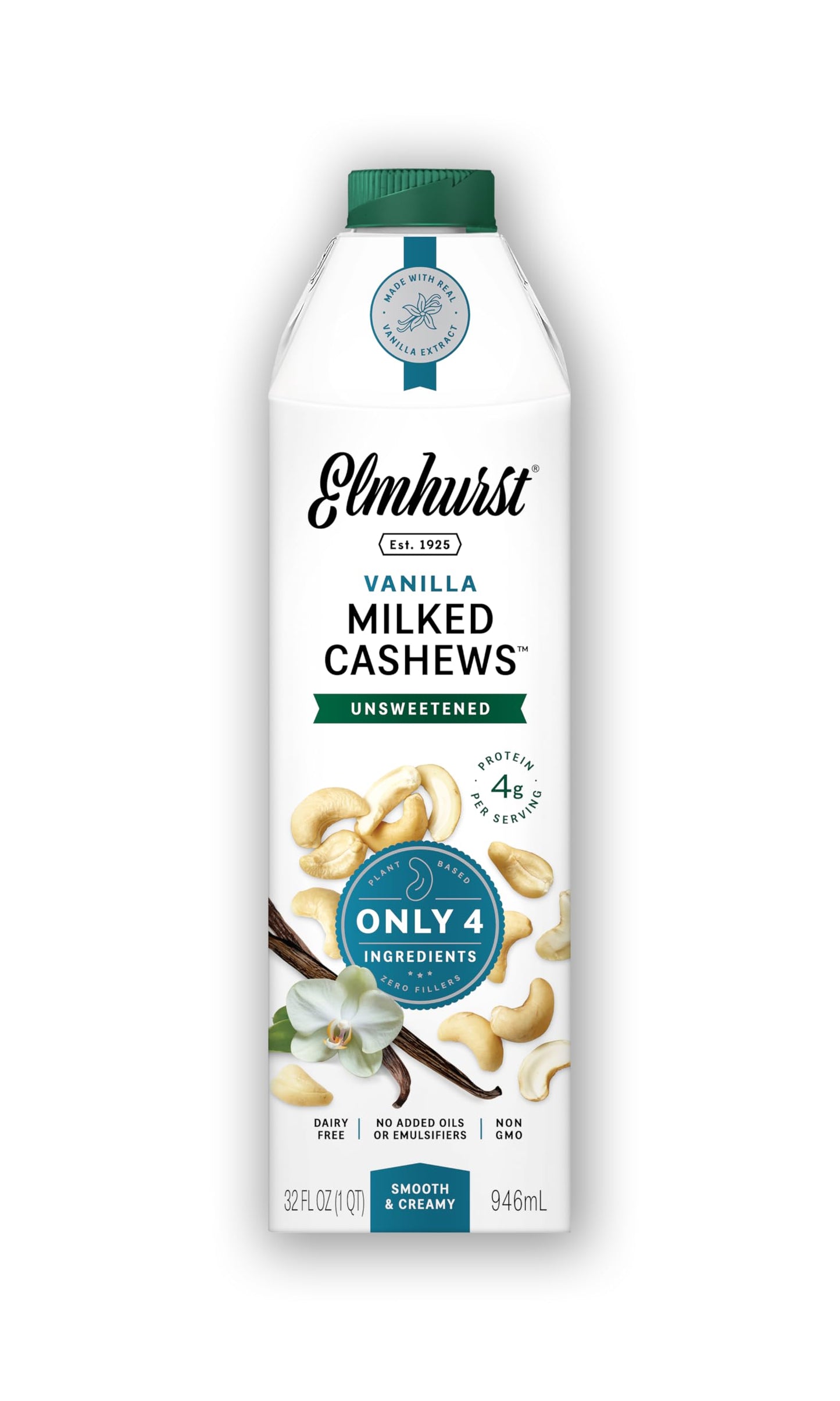 Elmhurst 1925 Vanilla Cashew Milk Unsweetened - 32 Ounce (Pack of 6) Dairy-Free, Vegan, Kosher, Shelf Stable Milk Made with Vani