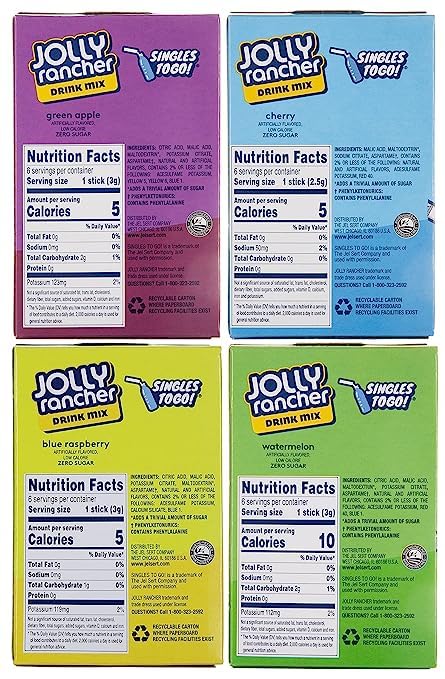Jolly Rancher Singles to Go Drink Mix Variety 4 Pack - Green Apple, Watermelon, Blue Raspberry and Cherry