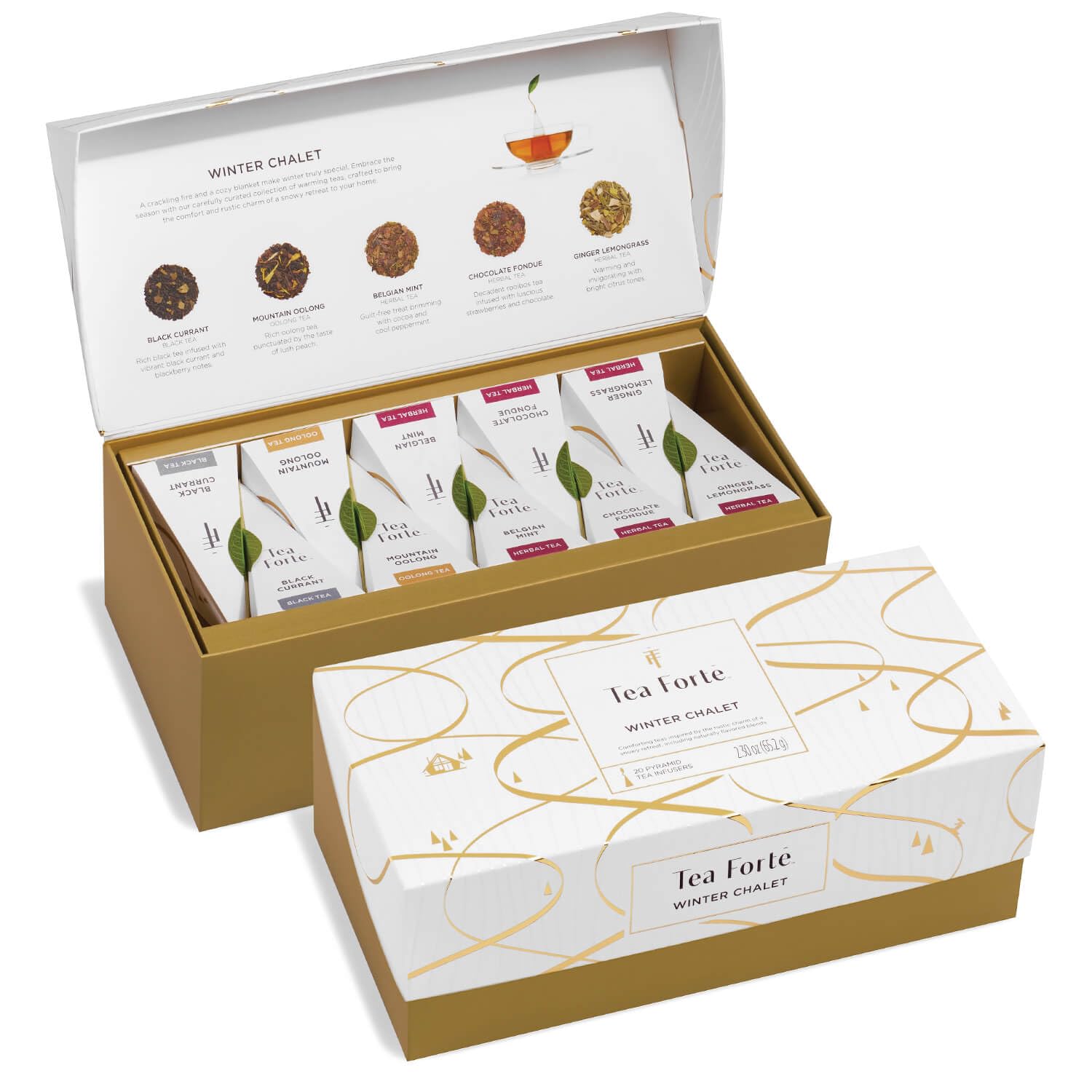 Tea Forte Winter Chalet Enhanced Presentation Box Gift Set Sampler, 20 Count, 4 Of Each Blend Individually Wrapped Handcrafted Pyramid Infuser Bags