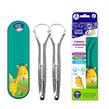 Gurunanda Kids Tongue Scraper (2-Pack) With Travel Case, Medical Grade 100% Stainless Steel For Cleaner Tongue & Fresh Breath, T