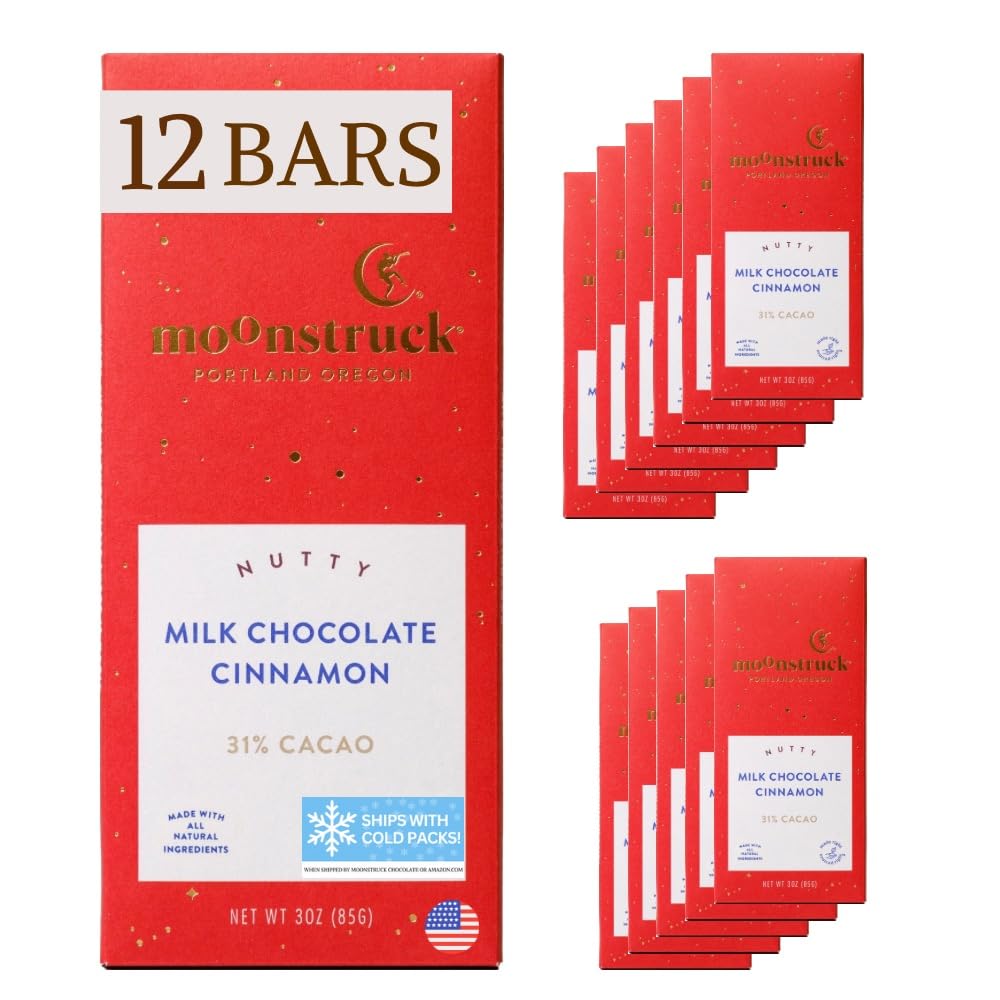 Moonstruck Chocolate Milk Chocolate Bar with Cinnamon Vanilla and Almond, 31% Cacao, 3.0oz (Pack of 12)