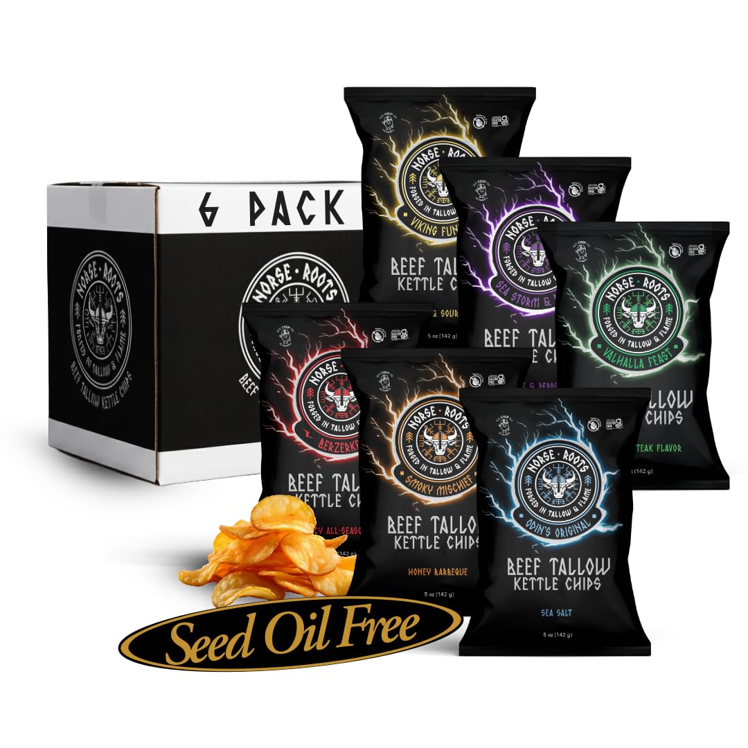 Norse Roots Beef Tallow Kettle Chips Variety Pack - 6 Flavors (Sea Salt  Honey BBQ  Rosemary Steak  Cheddar & Sour Cream  Spicy All Seasoned  Salt & Pepper) - Seed Oil Free  Gluten Free  6 Pack  5 oz Bags