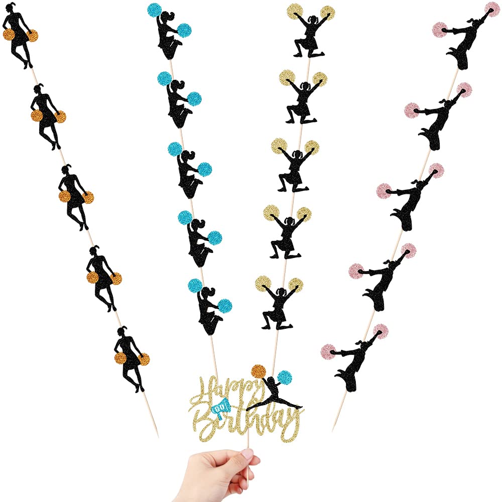 21 Piece Set Cheerleader Happy Birthday Cake Topper-Cheerleading Gymnastics Cupcake Top Hat -Cheerleader Gymnast Girl Cake Selec