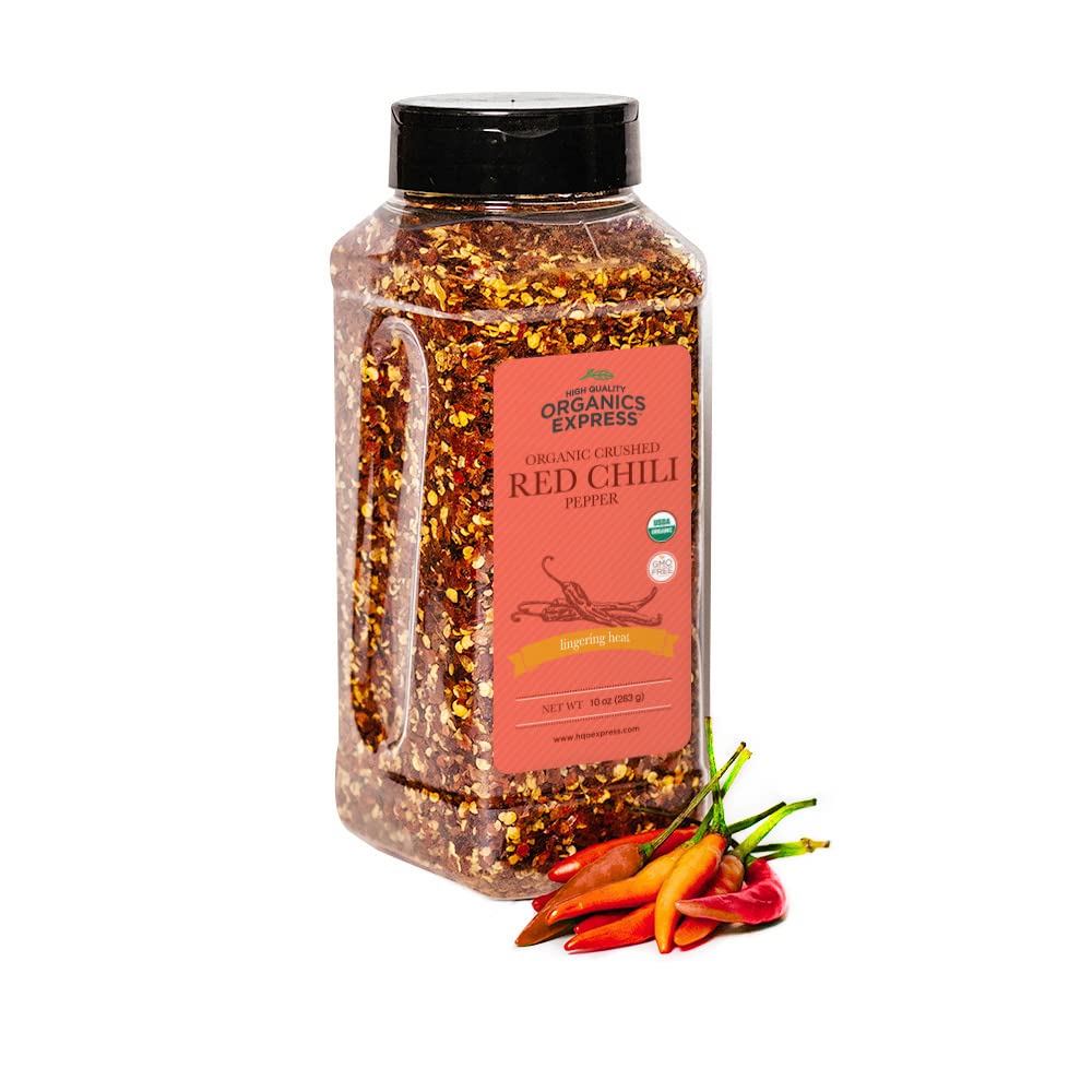HqO Organic Red Chili Pepper Crushed - Non-GMO, Kosher, 10 oz Chef Jar