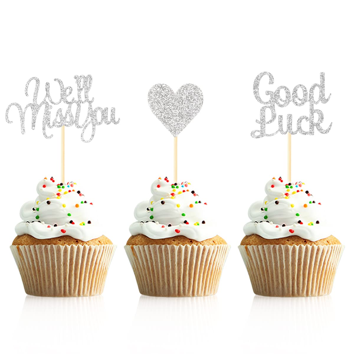 Donoter 24 Pieces Silver Glitter We Will Miss You Cupcake Toppers Good Luck Heart Cake Picks For Going Away Party Table Decorati