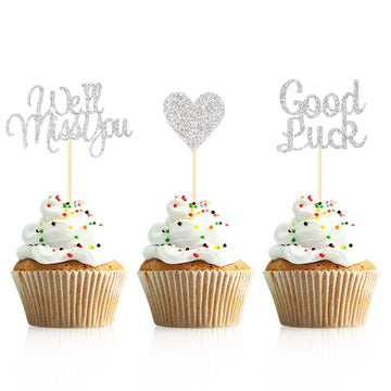 Donoter 24 Pieces Silver Glitter We Will Miss You Cupcake Toppers Good Luck Heart Cake Picks For Going Away Party Table Decorati