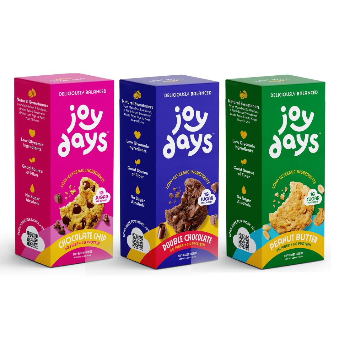 Joydays Cookie Variety Pack - Chocolate Chip, Double Chocolate & Peanut Butter, 63% Less Sugar, High Fiber, Protein Snack - Diet