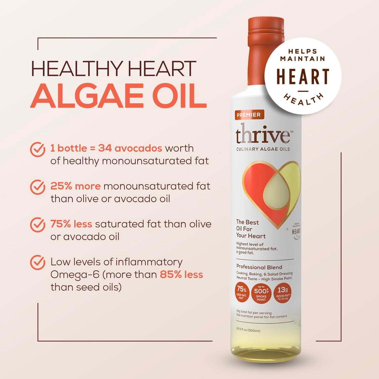 Thrive Cooking Oil - Premier Algae Oil Culinary Blend  Heart and Health-Conscious Oil  Rich in Omega-9 Monounsaturated Fat (90%)  Very Low Omega-6  16.9 fl oz  1 Pack