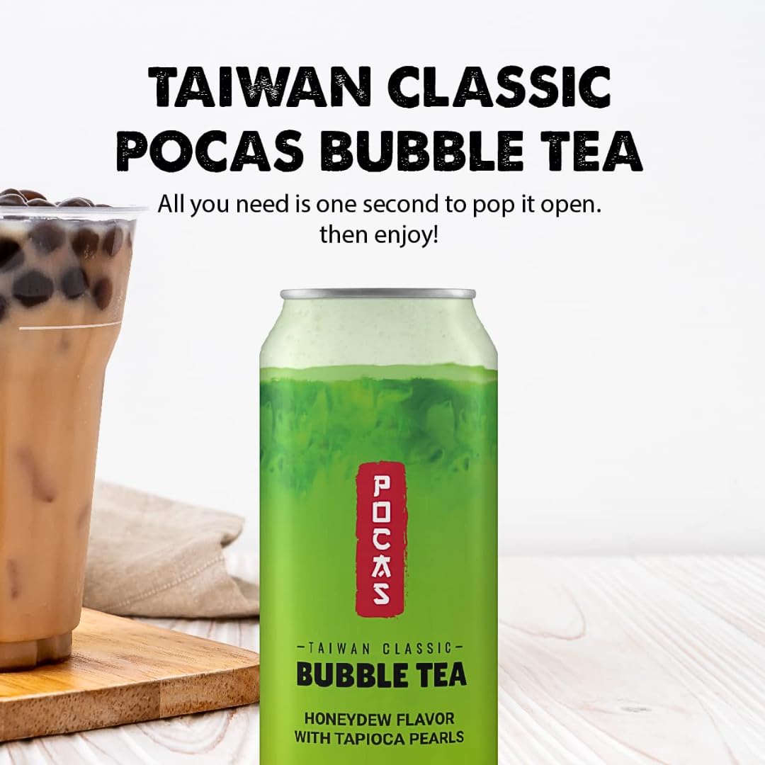 Pocas Bubble Tea with Tapioca Pearls, (Pack of 4, 16.5 oz), Asian Drinks, Refreshing Milk Tea with Boba Pearls (Honeydew)