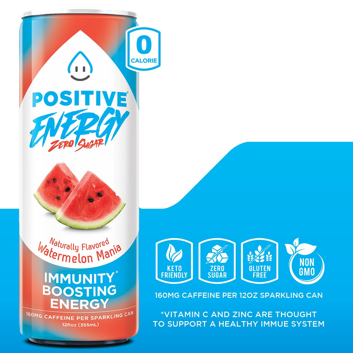 POSITIVE ENERGY Beverage - Zero Sugar Energy Drink, 12 oz Can, Pack of 12, Supports Hydration and Immunity