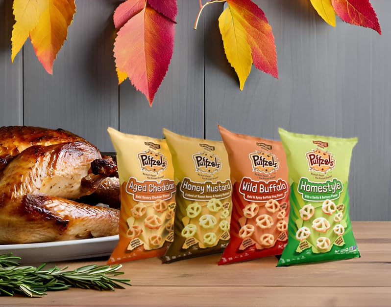 Unique Snacks Puffzels Variety Pack, Aged Cheddar And Honey Mustard, 2 Bags Of Each, Gluten-Free Snacks, 4.8 Ounce Snack Bags, Pack Of 4