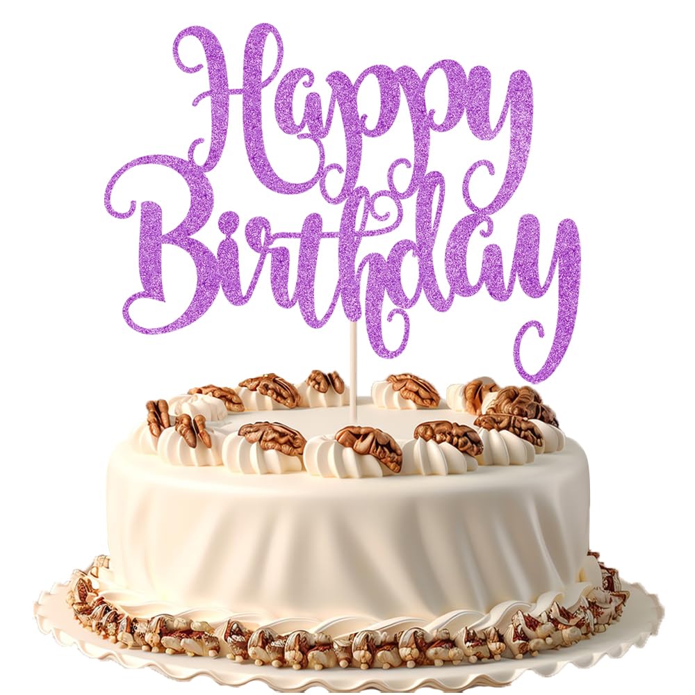 Fmiyuneea Happy Birthday Cake Topper- Glitter Happy Birthday Cake Decor, Handmade Anniversary/Birthday Party Supplies (Purple)
