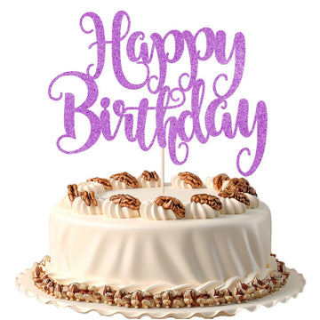 Fmiyuneea Happy Birthday Cake Topper- Glitter Happy Birthday Cake Decor, Handmade Anniversary/Birthday Party Supplies (Purple)