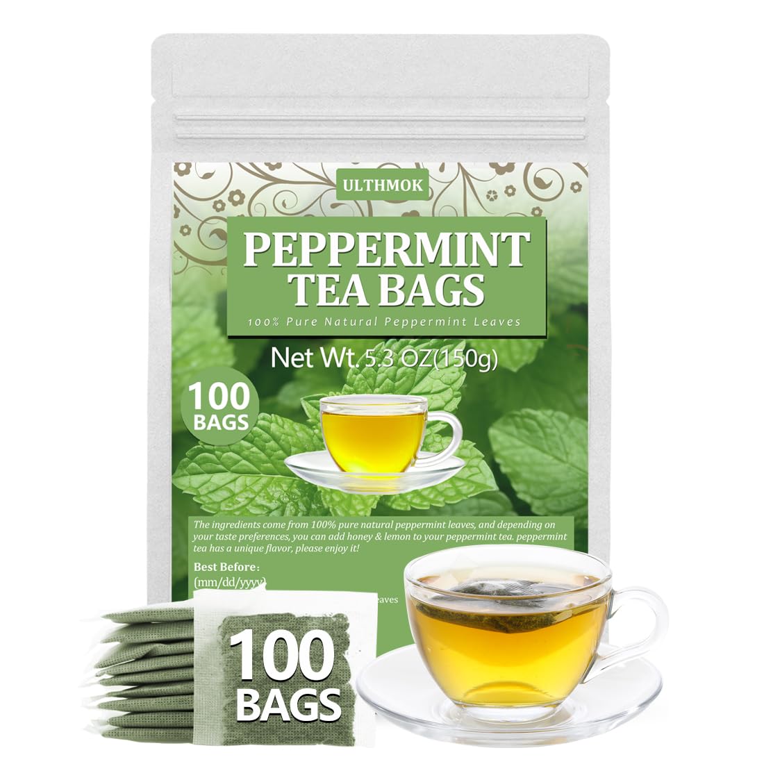 ULTHMOK Premium Peppermint Tea Bags, 100 Count, 100% Natural Peppermint Leaves, Caffeine-Free, No Additives
