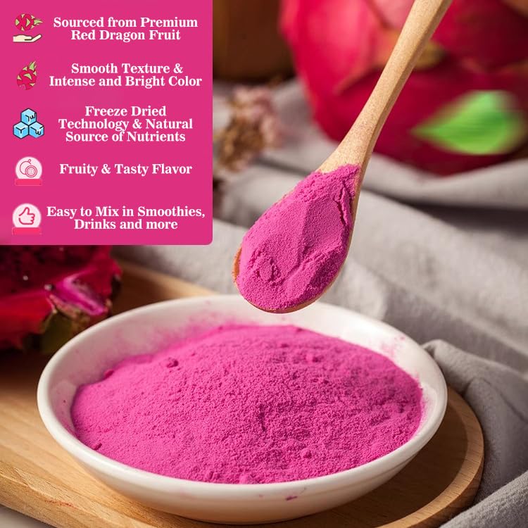 Fraunitsh Dragon Fruit Powder - Freeze Dried Pink Pitaya, No Sugar & Additives, 3.52oz