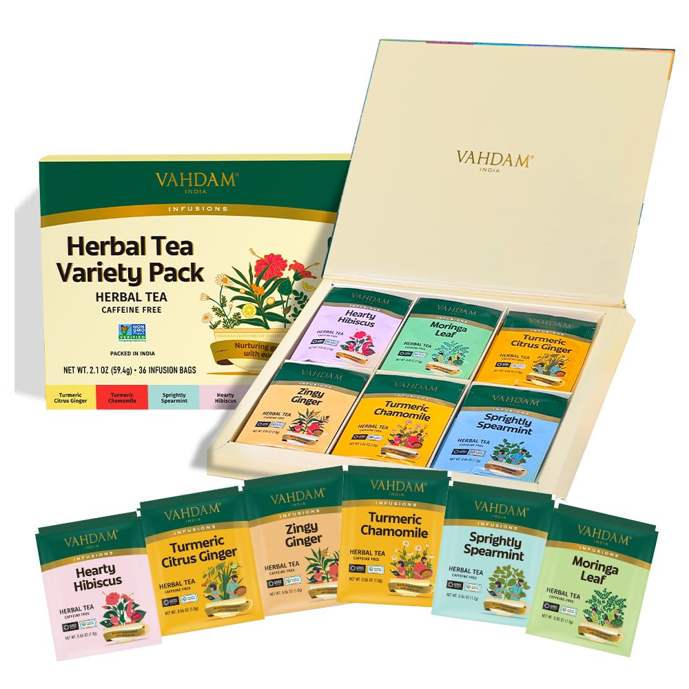 VAHDAM Herbal Tea Sampler - Caffeine-Free, Non-GMO, 36 Tea Bags, 6 Flavors, Assorted Tea Gift Set
