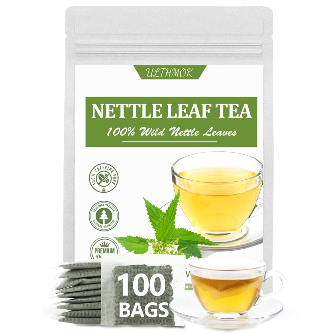 ULTHMOK Premium Stinging Nettle Leaf Tea Bags, 100% Wild Nettle Leaves, Caffeine Free, 100 Count
